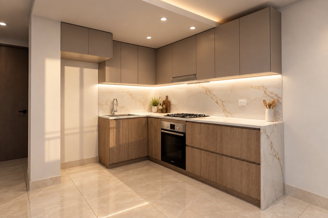 Cocina en L con frentes en madera y mesón claro veteado
