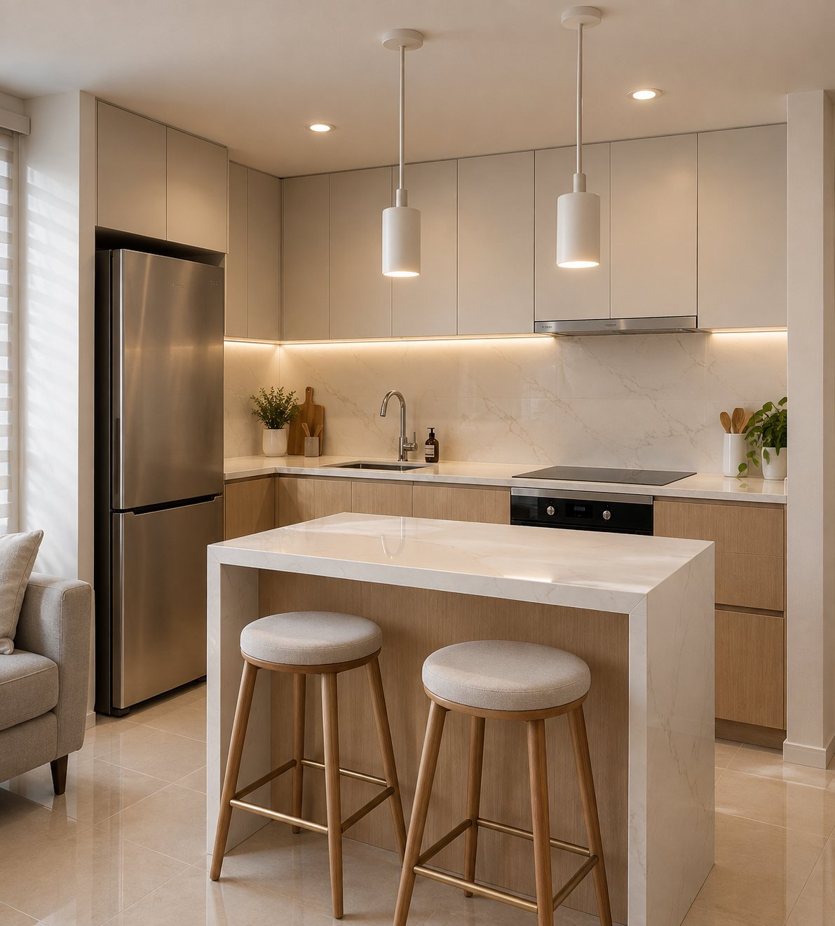 Cocina terminada en tonos claros con isla, butacos de madera y luz LED bajo mueble